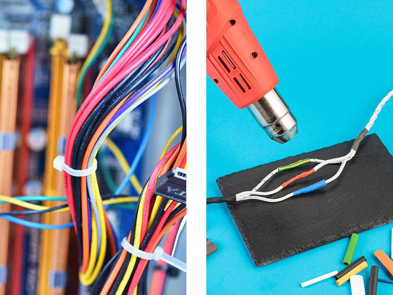 Left Image: Wires in motherboard organized with zip ties. Right Image: Shrinking tubing with heat gun.